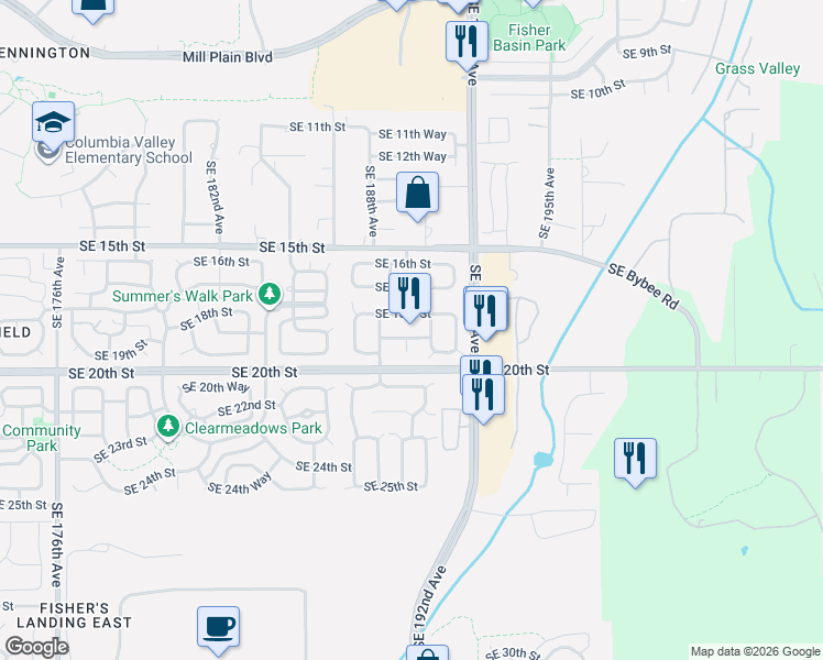 map of restaurants, bars, coffee shops, grocery stores, and more near 18904 Southeast 19th Street in Vancouver