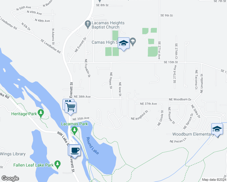 map of restaurants, bars, coffee shops, grocery stores, and more near 3912 Northeast Hayes Street in Camas