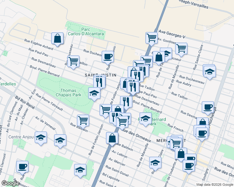 map of restaurants, bars, coffee shops, grocery stores, and more near 8980 Rue de Forbin Janson in Montréal