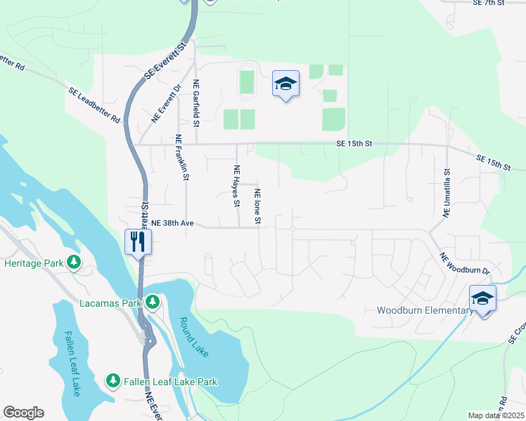 map of restaurants, bars, coffee shops, grocery stores, and more near 3832 Northeast Ione Street in Camas