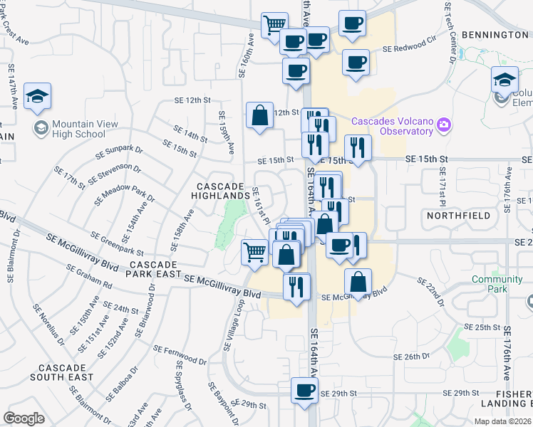 map of restaurants, bars, coffee shops, grocery stores, and more near 1805 Southeast 161st Place in Vancouver