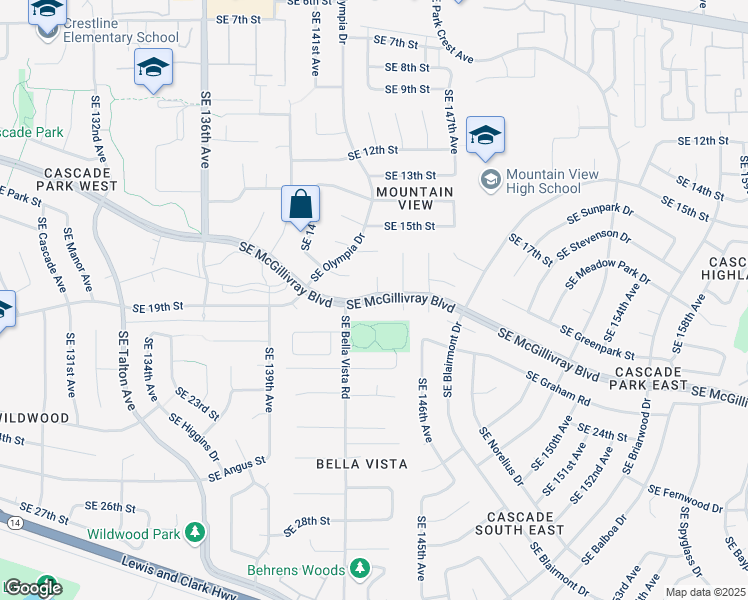 map of restaurants, bars, coffee shops, grocery stores, and more near 1905 Southeast Bella Vista Road in Vancouver
