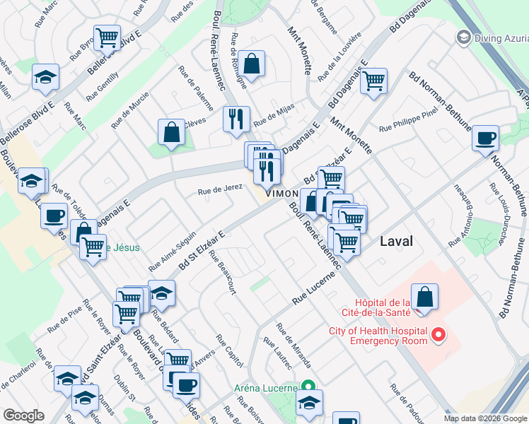 map of restaurants, bars, coffee shops, grocery stores, and more near 196 Boulevard Saint Elzéar Est in Laval