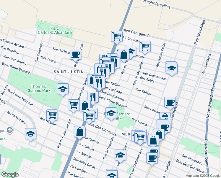 map of restaurants, bars, coffee shops, grocery stores, and more near 3220 Rue Paul Pau in Montréal