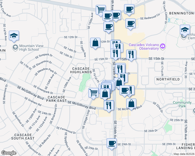 map of restaurants, bars, coffee shops, grocery stores, and more near 1805 Southeast 161st Place in Vancouver