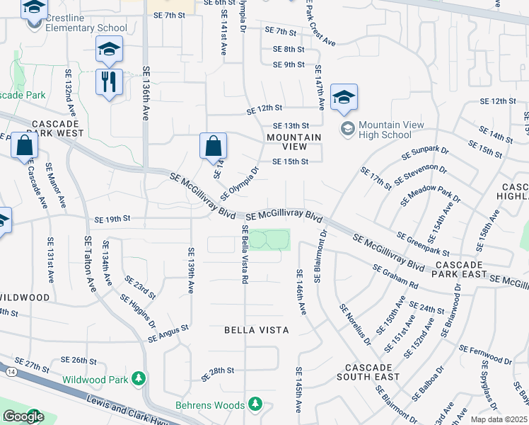 map of restaurants, bars, coffee shops, grocery stores, and more near 1905 Southeast Bella Vista Road in Vancouver