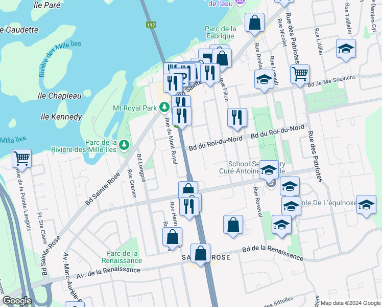 map of restaurants, bars, coffee shops, grocery stores, and more near 148 Boulevard Curé-Labelle in Laval