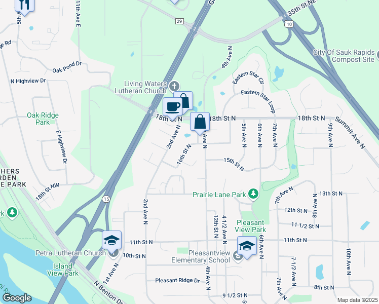 map of restaurants, bars, coffee shops, grocery stores, and more near 361 Welsh Court in Sauk Rapids