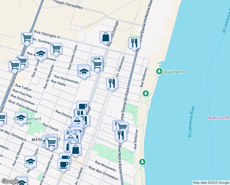 map of restaurants, bars, coffee shops, grocery stores, and more near 692 Rue Duchesneau in Montréal