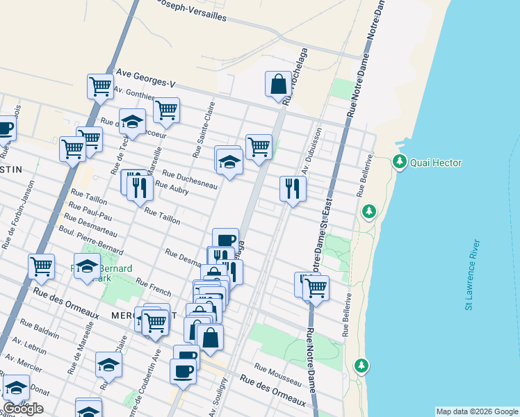 map of restaurants, bars, coffee shops, grocery stores, and more near in Montreal