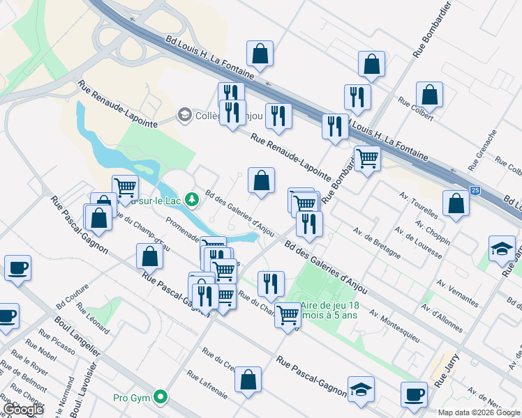 map of restaurants, bars, coffee shops, grocery stores, and more near 7158 Impasse de l'Eau-Vive in Montréal