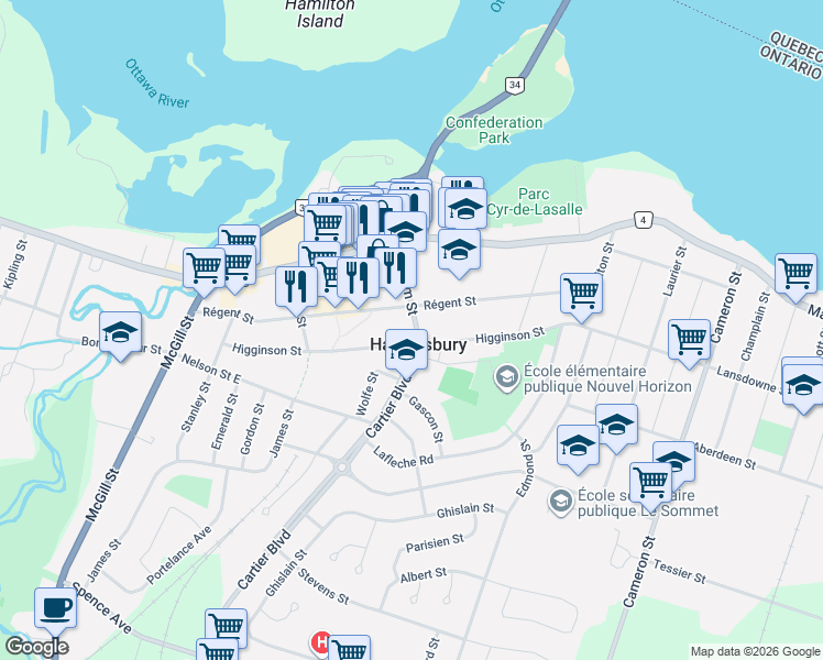 map of restaurants, bars, coffee shops, grocery stores, and more near 370 William Street in Hawkesbury
