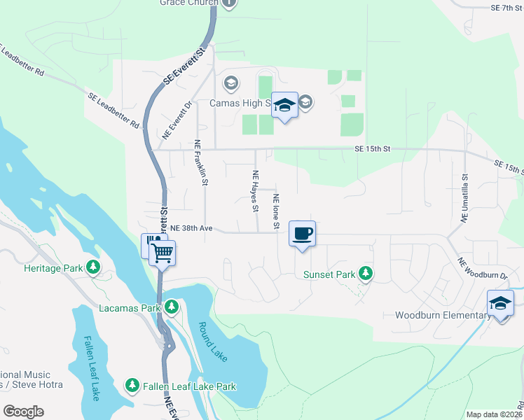 map of restaurants, bars, coffee shops, grocery stores, and more near 3924 Northeast Hayes Street in Camas