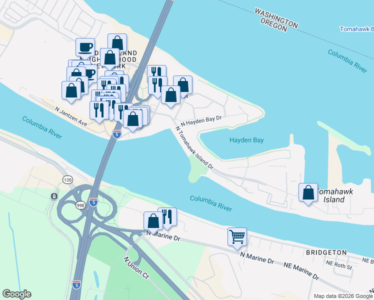 map of restaurants, bars, coffee shops, grocery stores, and more near 11612 North Island Cove Lane in Portland