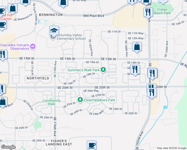 map of restaurants, bars, coffee shops, grocery stores, and more near 18209 Southeast 18th Street in Vancouver