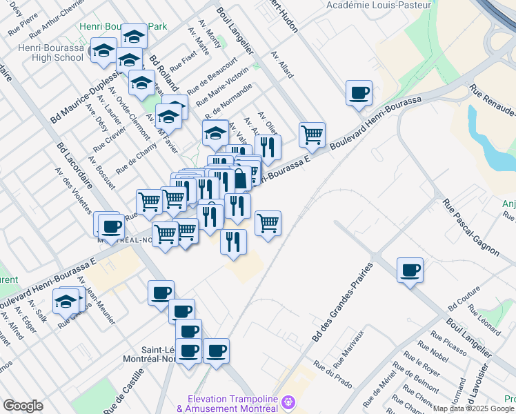 map of restaurants, bars, coffee shops, grocery stores, and more near 6180 Boulevard Henri-Bourassa Est in Montréal