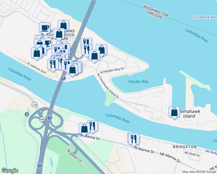 map of restaurants, bars, coffee shops, grocery stores, and more near 601 North Tomahawk Island Drive in Portland