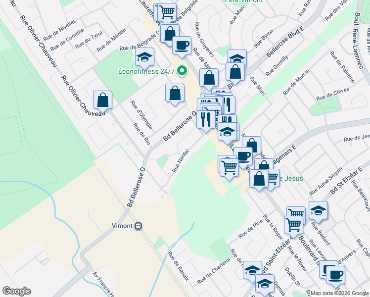 map of restaurants, bars, coffee shops, grocery stores, and more near 51 Rue Nantel in Laval