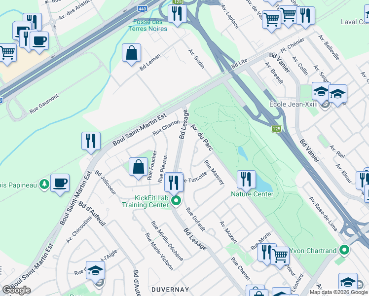 map of restaurants, bars, coffee shops, grocery stores, and more near 1191 Boulevard Lesage in Laval