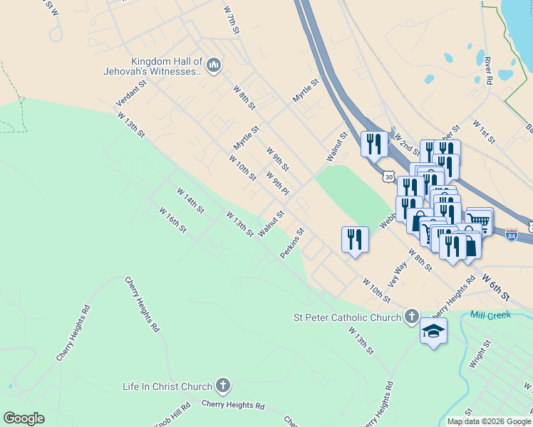 map of restaurants, bars, coffee shops, grocery stores, and more near 1214 Walnut Street in The Dalles