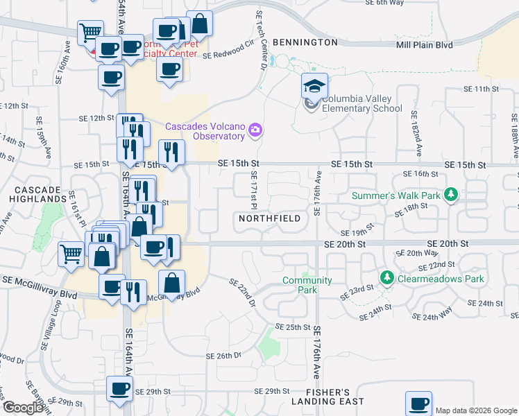 map of restaurants, bars, coffee shops, grocery stores, and more near 17104 Southeast 19th Street in Vancouver