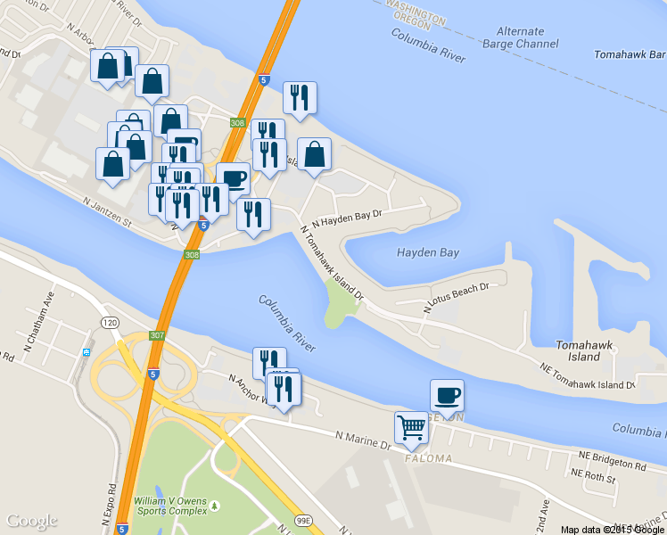 map of restaurants, bars, coffee shops, grocery stores, and more near 11612 North Island Cove Lane in Portland