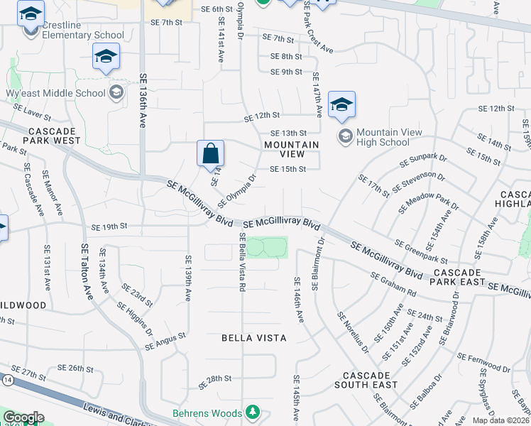 map of restaurants, bars, coffee shops, grocery stores, and more near 1814 Southeast 145th Court in Vancouver