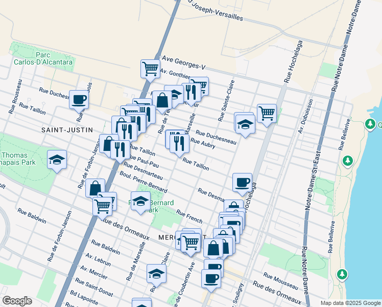 map of restaurants, bars, coffee shops, grocery stores, and more near 2896 Rue Joseph Nolin in Montréal