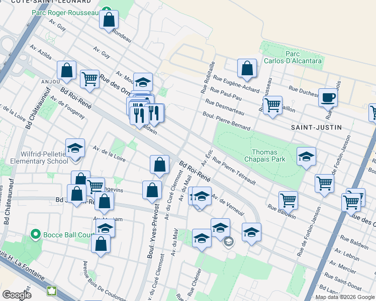 map of restaurants, bars, coffee shops, grocery stores, and more near 5879 Avenue Baldwin in Montréal