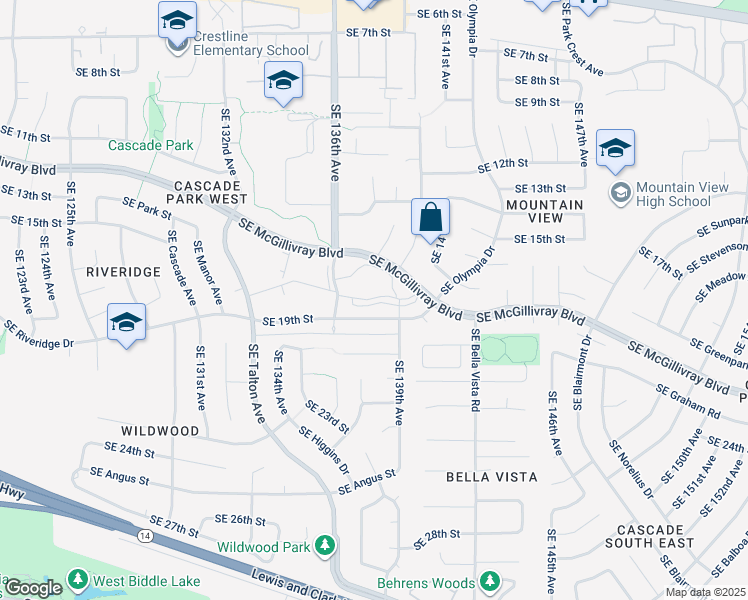 map of restaurants, bars, coffee shops, grocery stores, and more near 13813 Southeast 19th Street in Vancouver