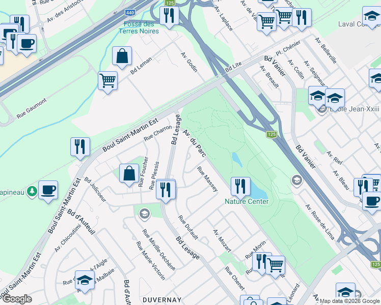 map of restaurants, bars, coffee shops, grocery stores, and more near 2213 Rue Auclair in Laval