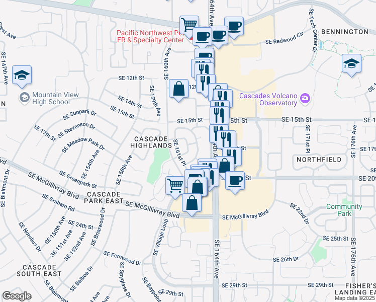map of restaurants, bars, coffee shops, grocery stores, and more near 16400 Southeast 18th Street in Vancouver
