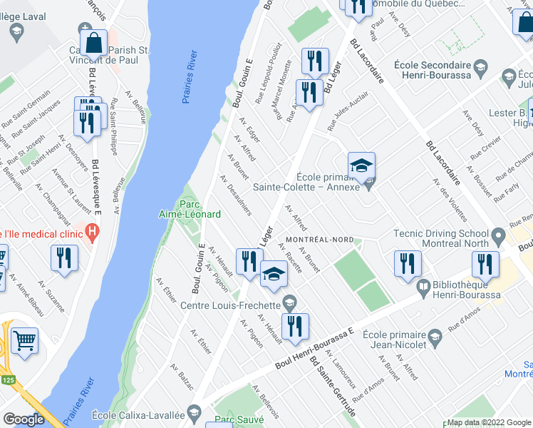 map of restaurants, bars, coffee shops, grocery stores, and more near 5151 Boulevard Léger in Montréal