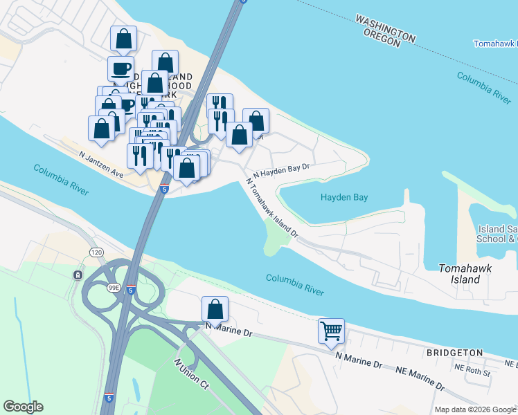 map of restaurants, bars, coffee shops, grocery stores, and more near 685 North Tomahawk Island Drive in Portland