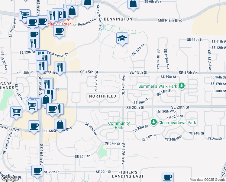 map of restaurants, bars, coffee shops, grocery stores, and more near 17402 Southeast 18th Street in Vancouver