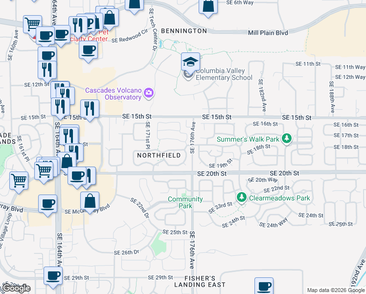 map of restaurants, bars, coffee shops, grocery stores, and more near 17420 Southeast 18th Street in Vancouver