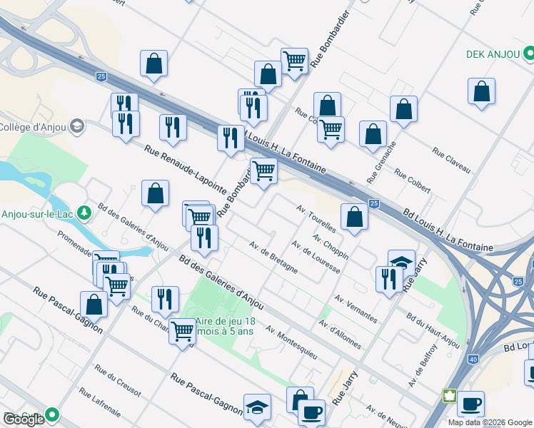 map of restaurants, bars, coffee shops, grocery stores, and more near 9350 Avenue Thérèse Casgrain in Montréal