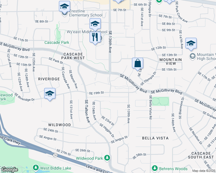 map of restaurants, bars, coffee shops, grocery stores, and more near 13314 Southeast 19th Street in Vancouver