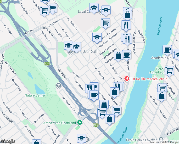 map of restaurants, bars, coffee shops, grocery stores, and more near 1004 Avenue Suzanne in Laval