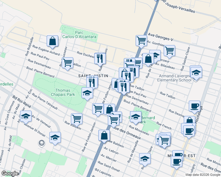 map of restaurants, bars, coffee shops, grocery stores, and more near 9040 Rue de Forbin-Janson in Montréal