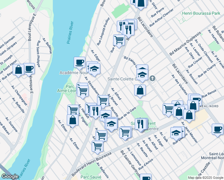 map of restaurants, bars, coffee shops, grocery stores, and more near 11996 Avenue Alfred in Montréal