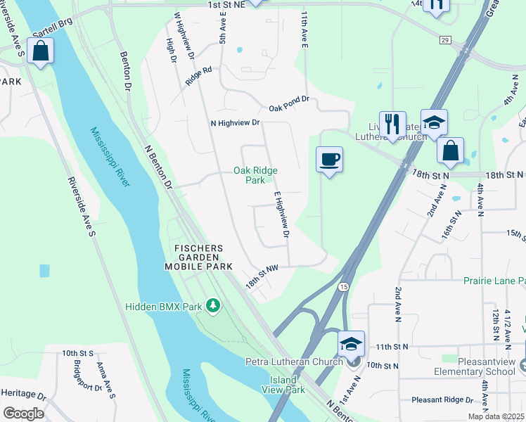 map of restaurants, bars, coffee shops, grocery stores, and more near 1955 East Highview Drive in Sauk Rapids