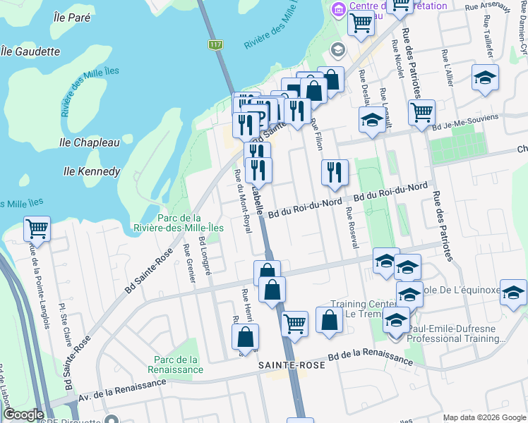 map of restaurants, bars, coffee shops, grocery stores, and more near in Laval