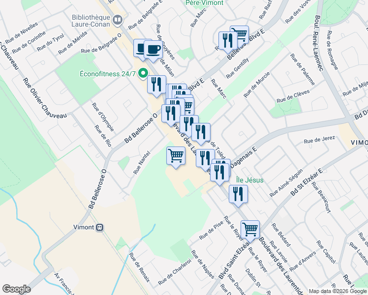 map of restaurants, bars, coffee shops, grocery stores, and more near 2108 Boulevard des Laurentides in Laval