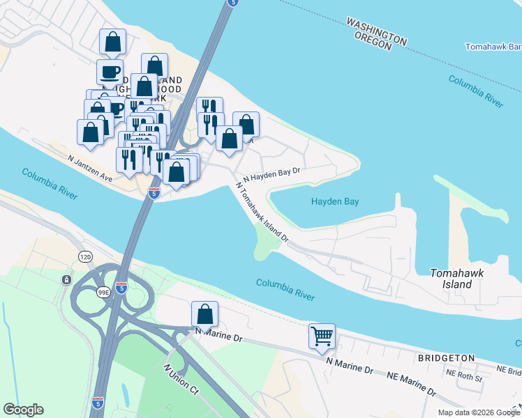 map of restaurants, bars, coffee shops, grocery stores, and more near 685 North Tomahawk Island Drive in Portland