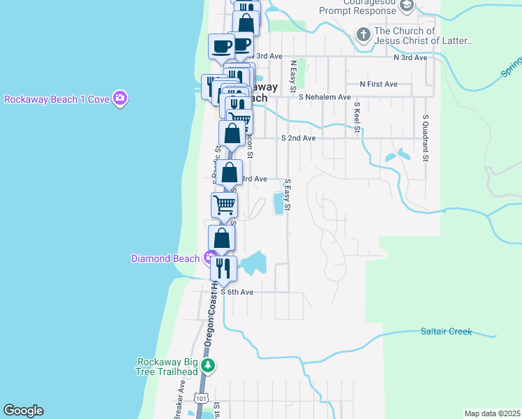 map of restaurants, bars, coffee shops, grocery stores, and more near 216-224 South Beacon Street in Rockaway Beach