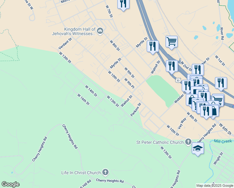 map of restaurants, bars, coffee shops, grocery stores, and more near 1201 Eric Court in The Dalles