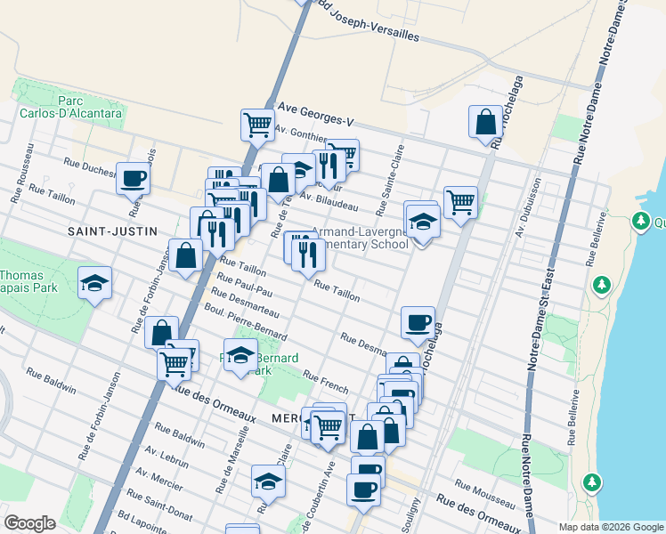 map of restaurants, bars, coffee shops, grocery stores, and more near 2900 Rue Joseph Nolin in Montreal
