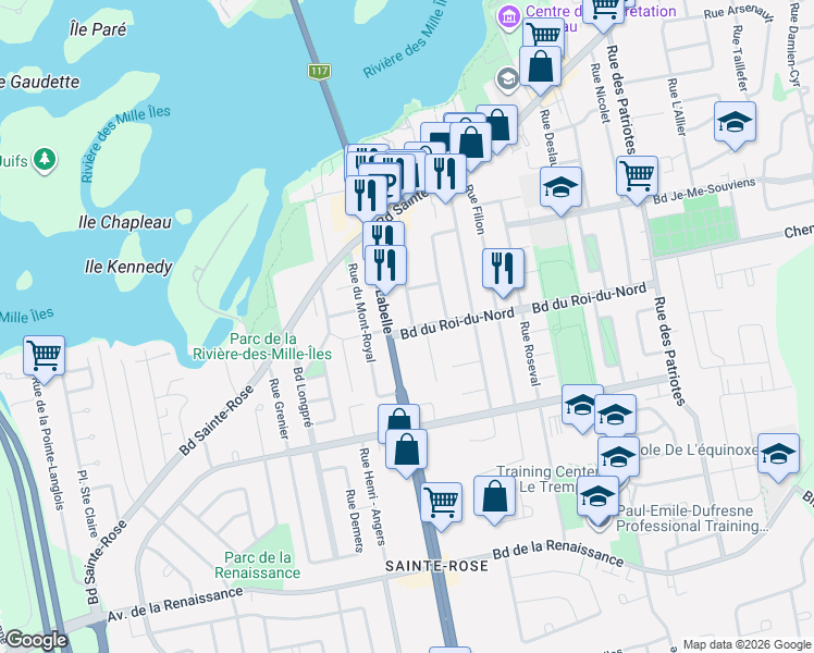 map of restaurants, bars, coffee shops, grocery stores, and more near 1947 Rue Locas in Laval