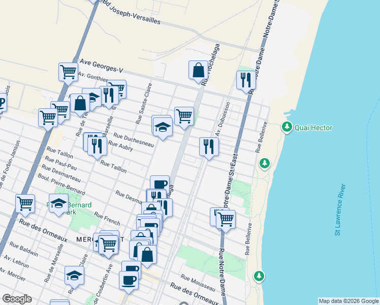map of restaurants, bars, coffee shops, grocery stores, and more near 2341 Rue Duchesneau in Montréal